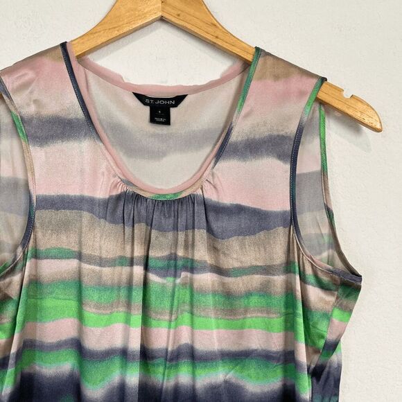 St. John Watercolor Silk Striped Sleeveless Pleated Blouse Women's Size Small - Picture 2 of 6